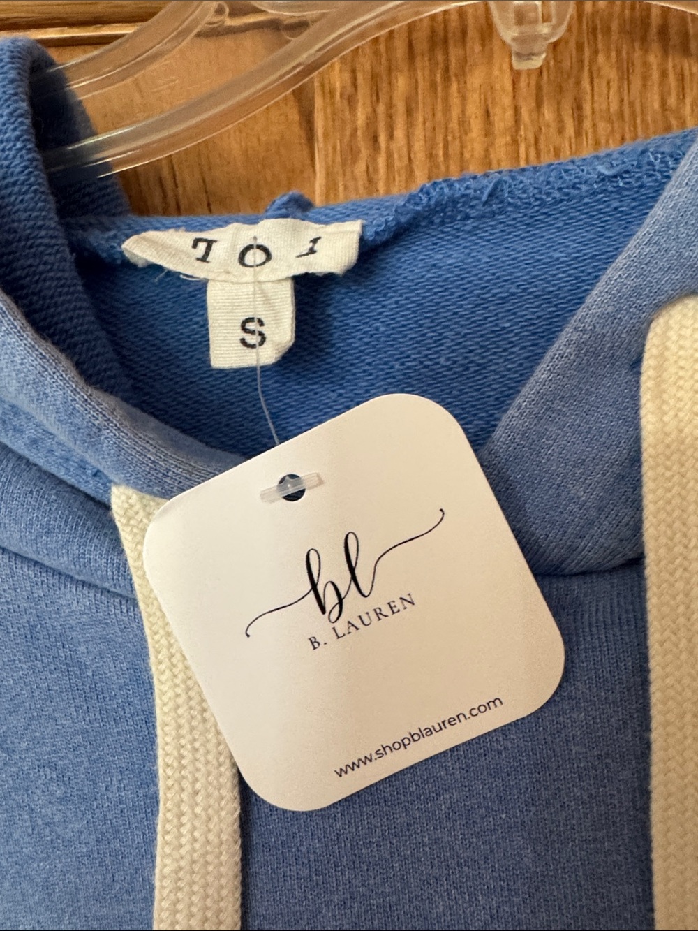 POL Light Blue & Navy Hooded Sweatshirt top with Crochet Accents & raw hem NEW - Picture 2 of 6